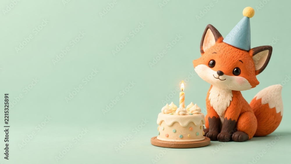 Fototapeta premium Cute clay fox with a birthday cake and blue party hat on a mint background