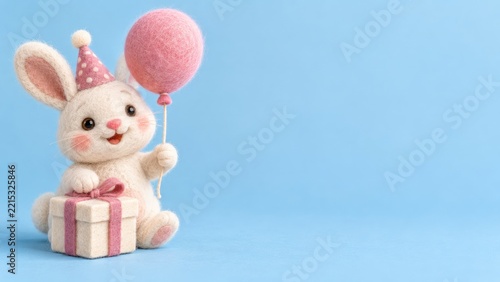 Felt birthday rabbit holding a pink balloon beside a gift on a blue backdrop