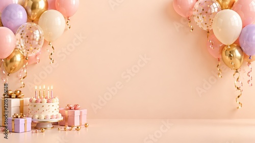 Pastel birthday balloons framing a candle cake and gifts on a peach background