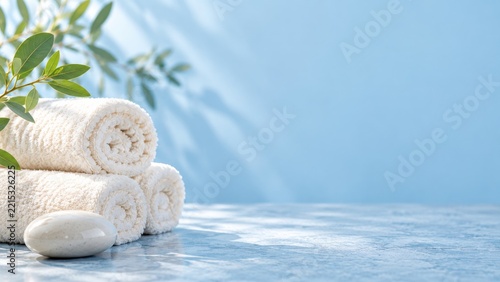 Rolled ivory spa towels and eucalyptus on a pale blue studio counter