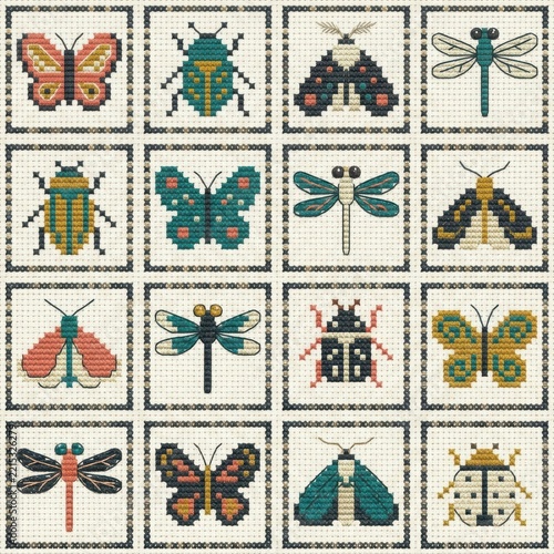 Set of colorful insect icons with butterflies beetles and dragonflies