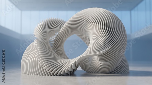 Architectural 3D Render of a Dynamic Parametric Sculpture, featuring a Twisted Looped Form with Wavy Layers in a Modern Minimalist Setting