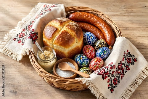 Easter bread sausages and painted eggs in basket on embroidered cloths