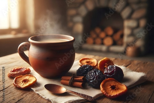 Steaming clay mug of dried fruit drink with prunes and cinnamon by cozy fireplace