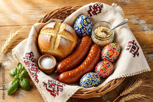 Traditional Easter basket with bread sausage salt and painted eggs on wooden table
