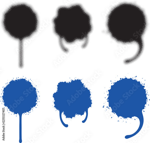 Set of black and blue ink splatter vector shapes with halftone