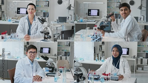 Portrait of multiethnic scientists in split screen looking into camera while working in medical laboratory. Clip perfect for biotechnology advertising and science education content