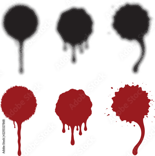 Set of black and red ink splatter vector elements with halftone 