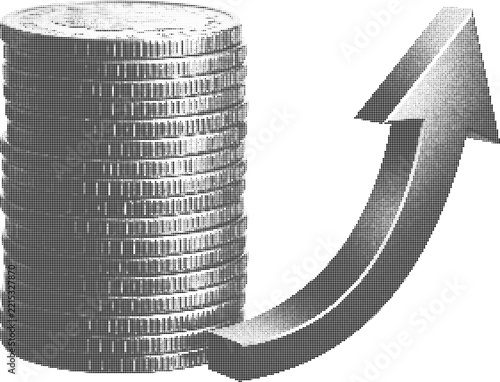 halftone Coins stack with rising arrow showing financial growth and profit increase concept illustration