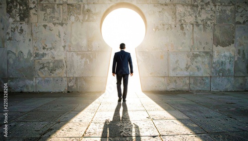 Man walking into a keyhole shaped door with light 