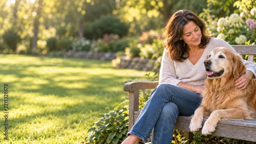 Woman Petting an Older Golden Retriever on a Sunlit Garden Bench