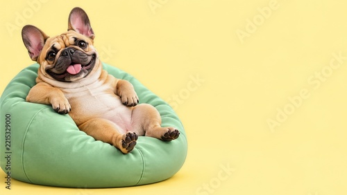 Cheerful French Bulldog Reclining on a Mint Green Beanbag on Yellow