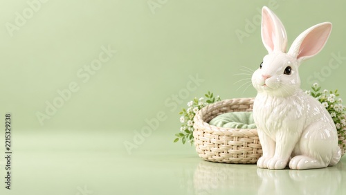 Glossy White Rabbit beside a Woven Basket and Tiny Flowers on Sage