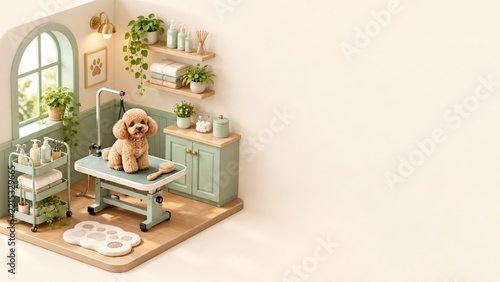 Miniature Pet Grooming Salon with an Apricot Poodle and Sage Furniture