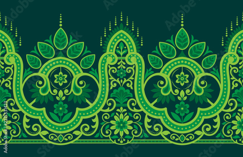 Seamless green floral and ornamental border pattern, traditional ethnic vector illustration on dark background.