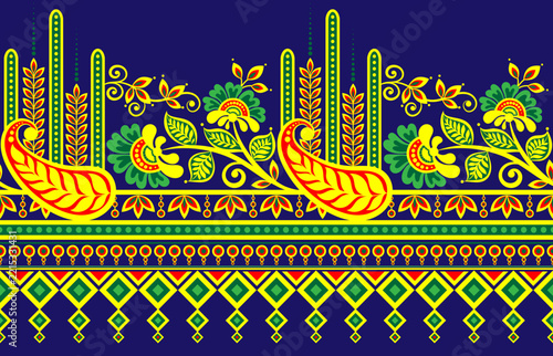 Traditional Indian paisley and floral seamless border pattern, colorful ethnic vector illustration on dark blue background.