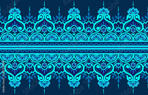 Seamless cyan and blue floral border pattern on dark background, traditional ethnic vector illustration.