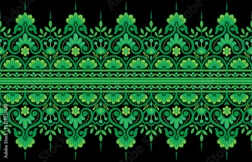 Seamless green floral border pattern on black background, traditional ethnic vector illustration.   