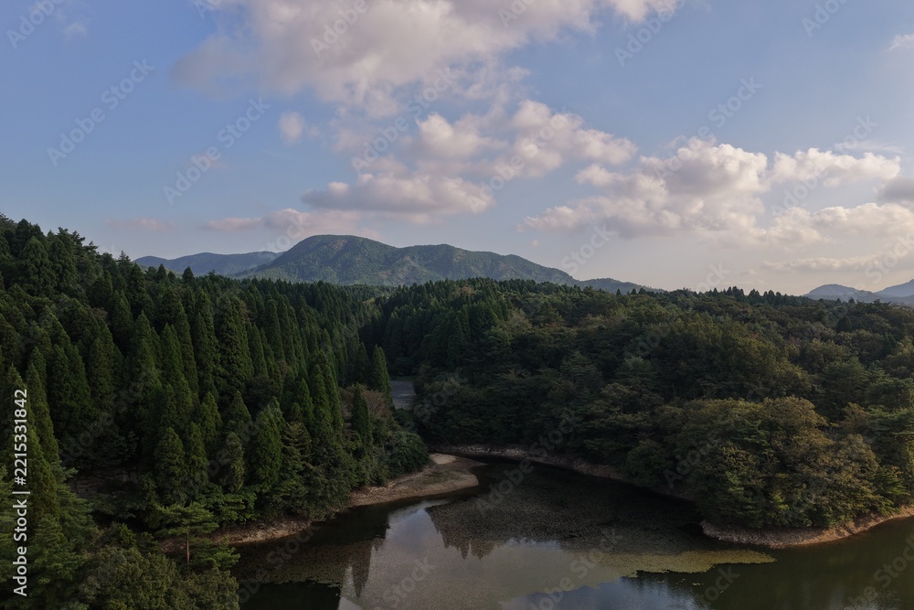 Fototapeta premium ドローンによる俯瞰空撮：青空と白い雲が広がる新緑の深い山林と静かな湖の水面を臨む日本の豊かな自然風景バックグラウンド（環境保全・SDGsイメージ・観光素材）