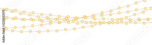 A cluster of warm yellow string lights hanging horizontally. The lights have a soft glow and a bright center surrounded by an orange halo. This image is perfect for festive and celebratory.