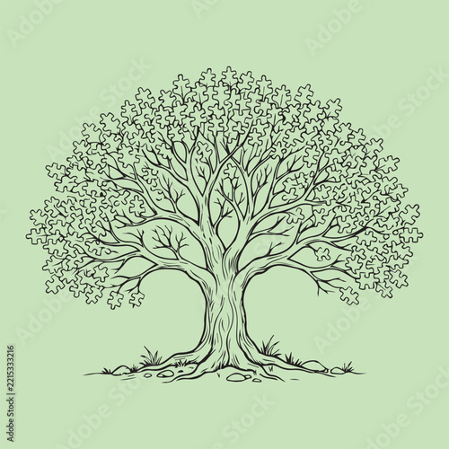 Line tree with puzzle piece leaves on a pale green background
