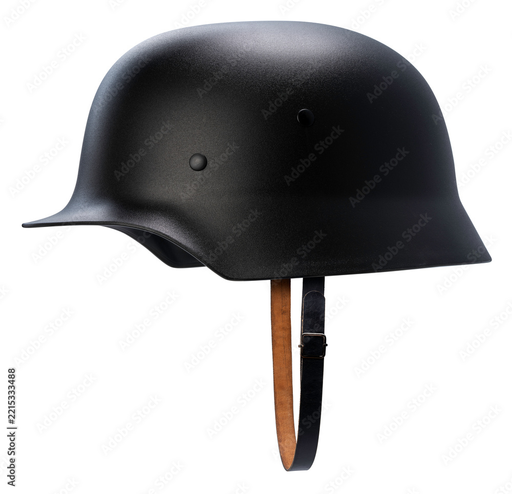 Fototapeta premium Vintage military steel combat helmet isolated on a white background, with clipping path, military history projects, tactical gear marketing, and museum exhibitions.