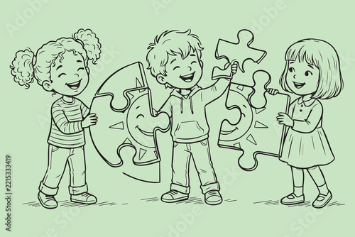 Three children assembling a large sun puzzle, line