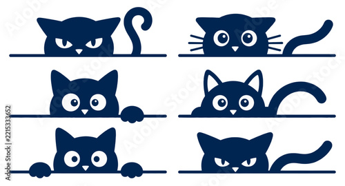 Set of cute black cat silhouettes peeking and hiding behind a line.