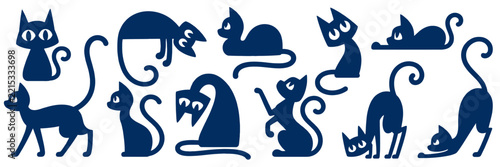 Set of cute blue cat silhouettes in various playful poses and postures.