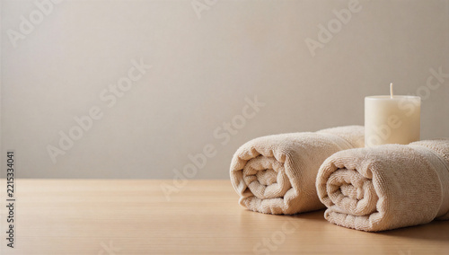 Two rolled towels and a plain candle on a wooden table