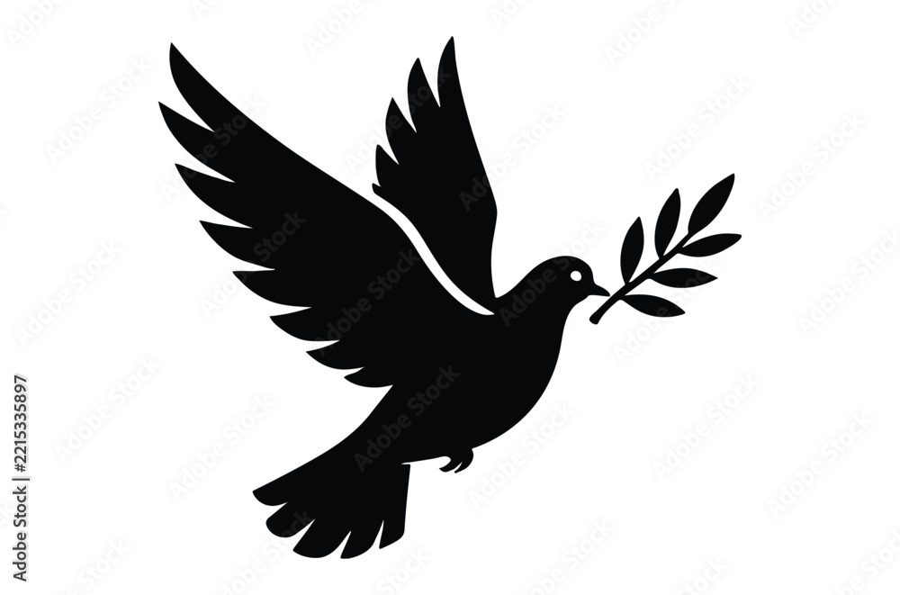 Fototapeta premium Dove carrying an olive branch black silhouette on a white background