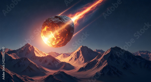 Burning Meteorite Falling Over Snowy Mountain Range Concept Art