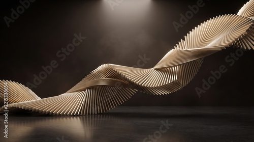 Elegant abstract wave of golden textured elements, dynamically twisting against a dark, dramatic background, creating a mesmerizing sculptural composition with intricate patterns and modern aesthetic