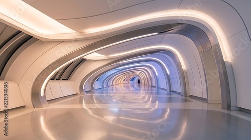 Futuristic architectural tunnel with curved white walls and glowing integrated LED lighting in modern interior space
