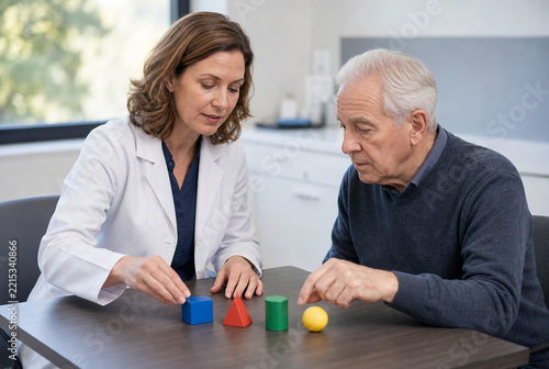 Neurologist conducts cognitive assessment with senior patient using geometric objects to evaluate memory, attention and thinking skills during neurological examination.