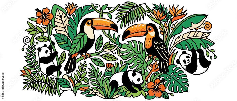 Fototapeta premium Cute pandas and toucans in a lush jungle illustration
