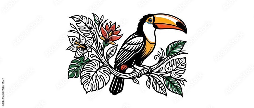 Fototapeta premium Exotic Toucan Bird Perched on Tropical Foliage Branch