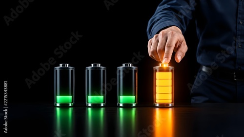 Visualizing the concept of battery life and energy depletion showcasing the transition from full charge to critical low levels with glowing indicators