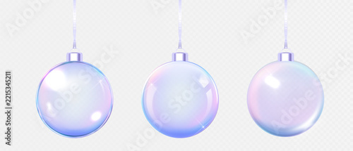 Iridescent glass Christmas ball ornament with pearlescent pastel glow, realistic 3D translucent bauble isolated