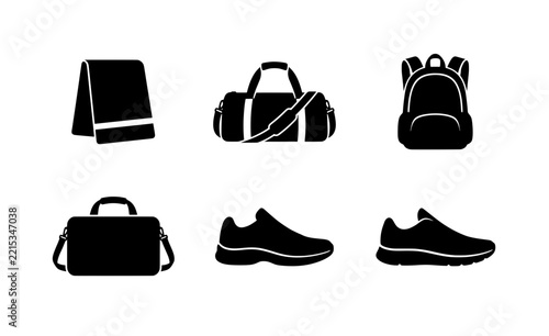 Gym bag, backpack, briefcase, towel and shoes silhouettes for sports and travel design