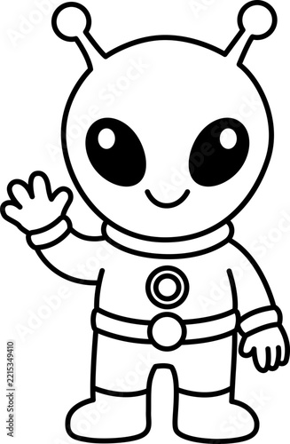 Cute cartoon alien waving in a spacesuit, minimalist line art extraterrestrial character, coloring book page for kids, friendly space visitor vector