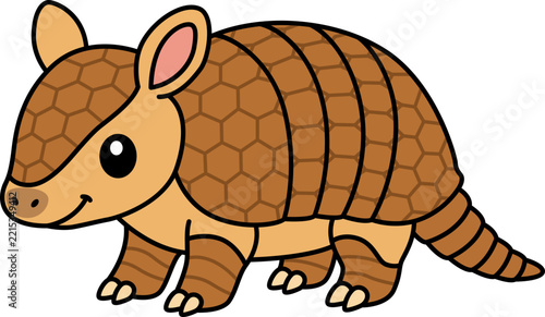 Cute cartoon armadillo vector illustration, friendly wild animal character with brown armored shell, kawaii armadillo mascot for children education