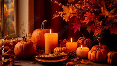 Compose autumn-themed visuals using warm tonalities (mustard, burgundy, olive), leveraging natural light scenarios (golden hour, window-lit interiors, candlelit ambiance) for emotive mood transitions.