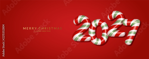 Happy New Year 2027 card. Christmas and New Year greeting card with candy cane numbers.	