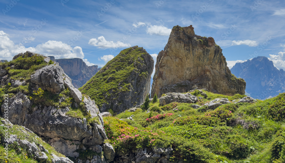 Naklejka premium Idyllic mountain landscape in the Alps with blooming meadows, Alpe di Cisles, Seceda Ridgeline, Dolomiti , Pieralongia, Col Raiser