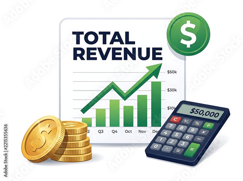 Financial growth concept showing revenue chart calculator and coins in 3D graphic style
