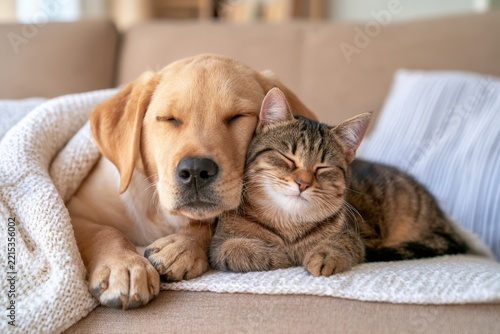 Cozy dog and cat nap together on a couch