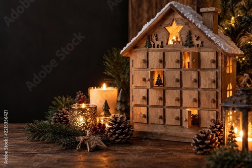 Wooden house shaped advent calendar with drawers, candles, pine cones, fir branches on dark table, christmas