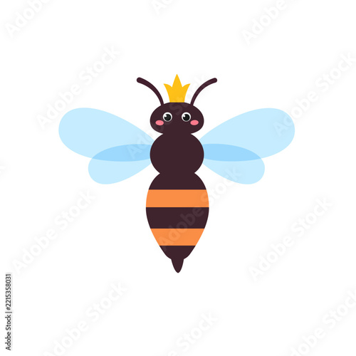 Cute funny cartoon queen bee with eyes and crown