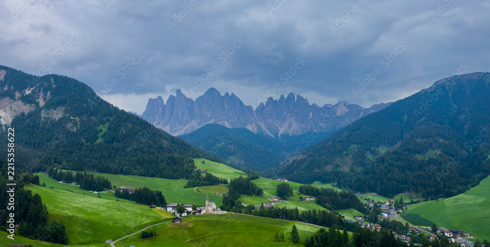 Naklejka premium View of Val di Funes with the Chruch of Santa Maddalena in the Dolomites Mountains. Italy 